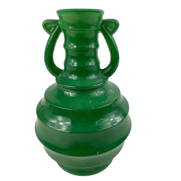 Vintage Green Glass Double Handle Vase - Picture 2 of 12